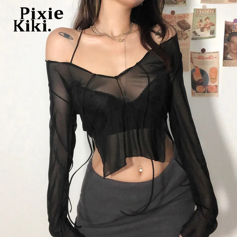Пикантные черные футболки PixieKiki на шнуровке с V-образным вырезом и длинным