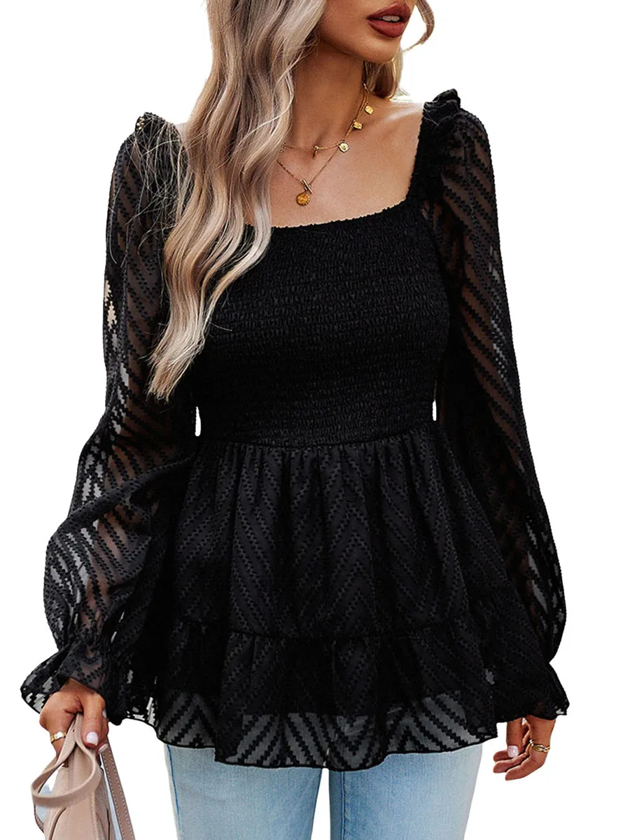 

Women s UK Casual Long Sleeve Square Neck Smocked Ruffle Hem Slim Babydoll Blouse Shirt Tunics Tops with Floral Embroidery