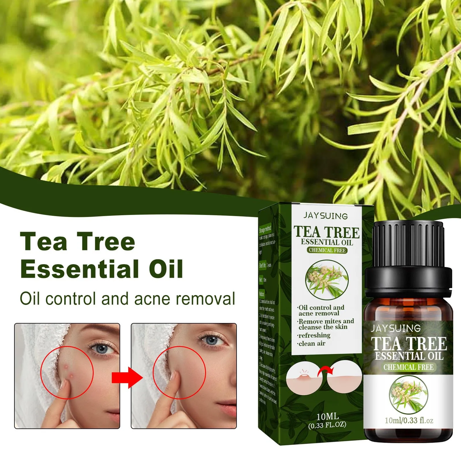 10ML Tea Tree Essential Oil Compound Oil-control Remove Anti-acne Moisturizing Brighten Face Repair Skin Care Essence
10ML Tea Tree Essential Oil Compound Oil-control Remove Anti-acne Moisturizing Brighten Face Repair Skin Care Essence