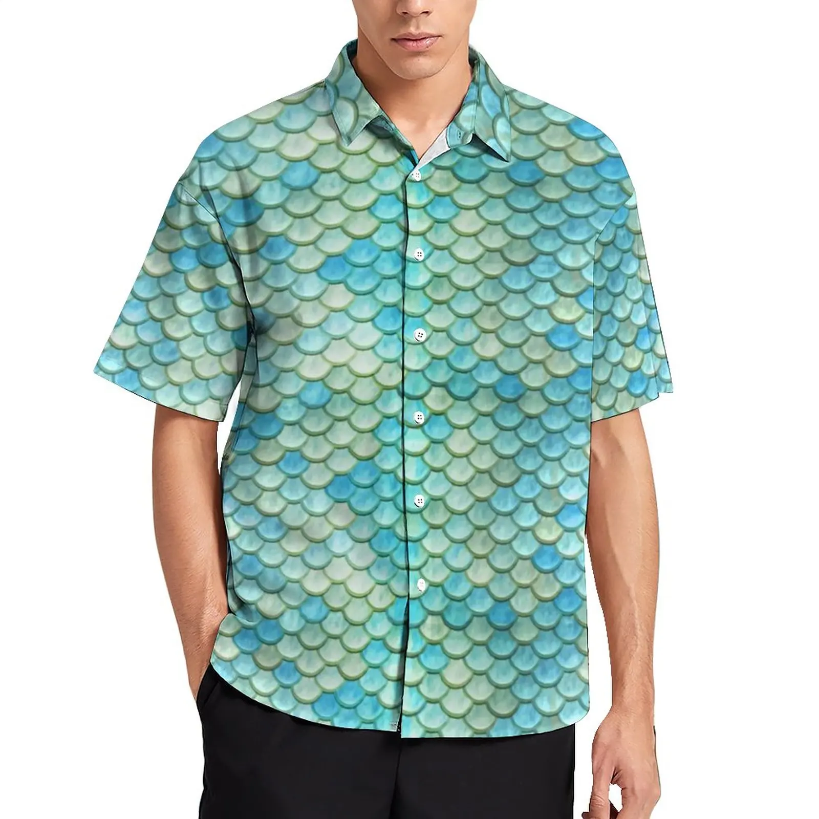 

Mermaid Tail Scales Casual Shirt Beach Ocean Vacation Loose Shirt Hawaiian Stylish Blouses Short Sleeve Graphic Oversized Top