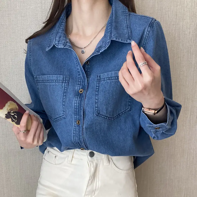 Women's Clothing Spring Autumn Korean Turn-down Collar Pockets Button Long Sleeve Shirt Loose Mid-length Vintage Denim Jacket
Women's Clothing Spring Autumn Korean Turn-down Collar Pockets Button Long Sleeve Shirt Loose Mid-length Vintage Denim Jacket
