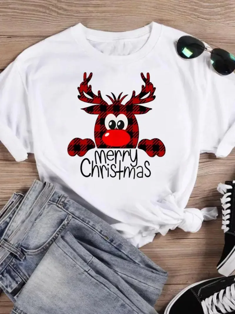 

Трендовая Милая модная женская рубашка с рисунком рождественского оленя, футболки с графическим рисунком, новогодние футболки, футболка с рисунком, Женская праздничная одежда