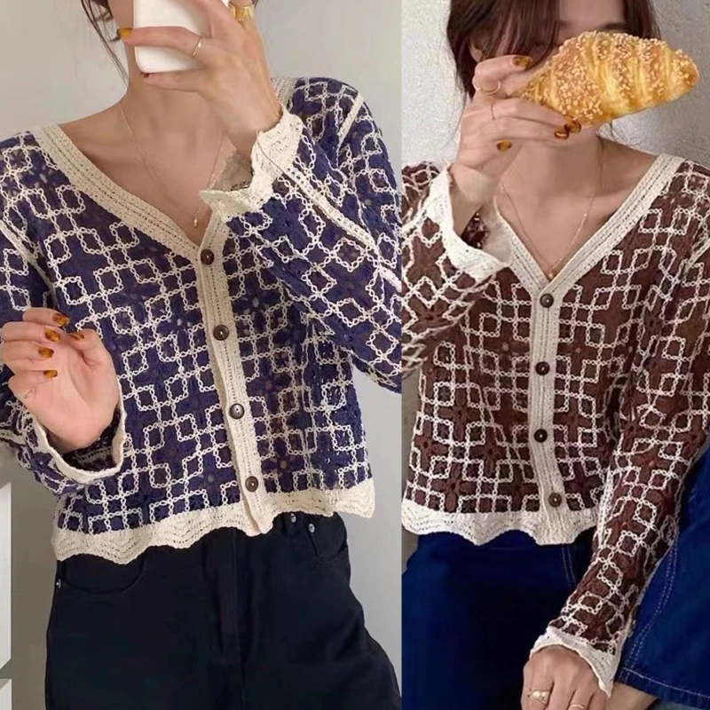 Женский вязаный кардиган на пуговицах, свитер с длинным рукавом, вязаный крючком
Женский вязаный кардиган на пуговицах, свитер с длинным рукавом, вязаный крючком