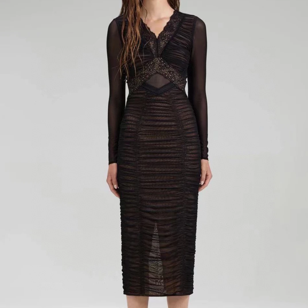 2023 New Arrival Top Quality Autumn Slim Fit V-Neck Black Lace Patchwork Long Sleeve Ruched Tulle Slit Midi Dress for Women
2023 New Arrival Top Quality Autumn Slim Fit V-Neck Black Lace Patchwork Long Sleeve Ruched Tulle Slit Midi Dress for Women