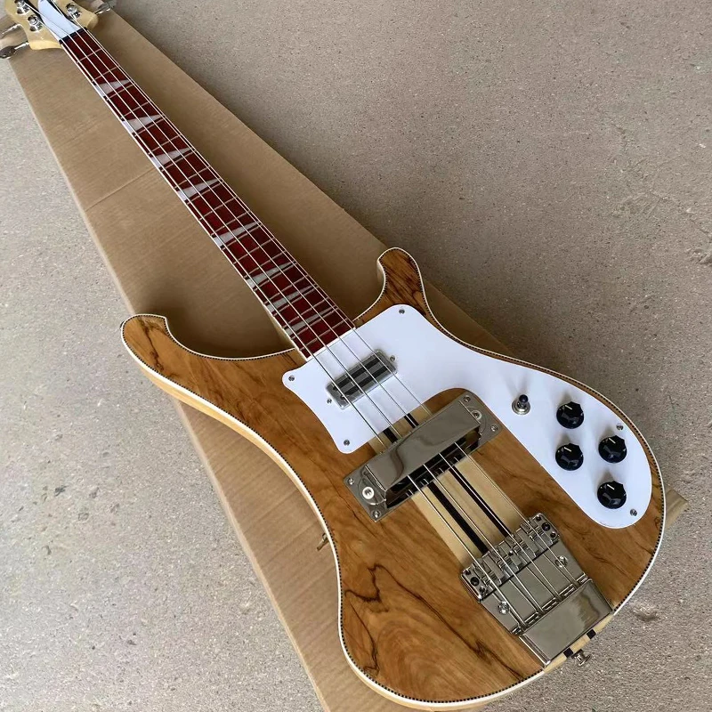 

Neck Thru Body Rick 4003 Electric Bass Guitar, Natural Spalted Maple, Upgrade Adjustable Bridge Available, Checkerboard Binding