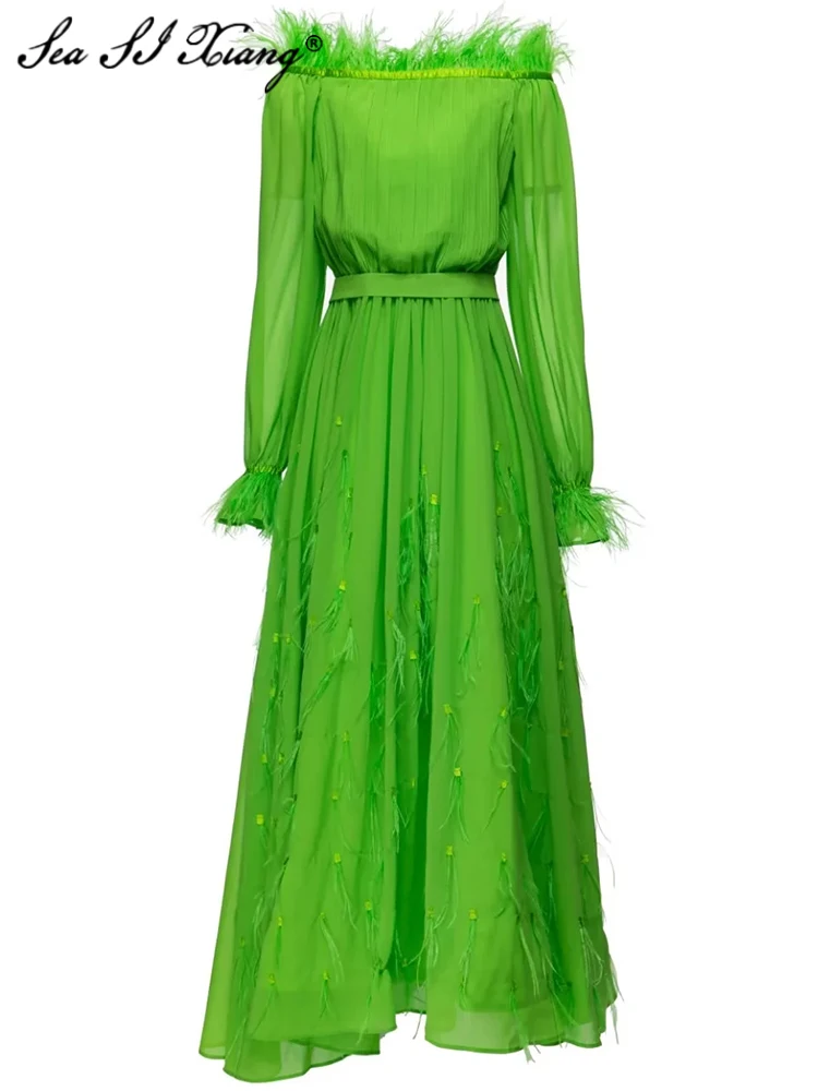 Seasixiang Fashion Designer Spring Summer Women Long Dress Slash Neck Flare Sleeve Feathers Patchwork Draped Vintage Party Dress
Seasixiang Fashion Designer Spring Summer Women Long Dress Slash Neck Flare Sleeve Feathers Patchwork Draped Vintage Party Dress