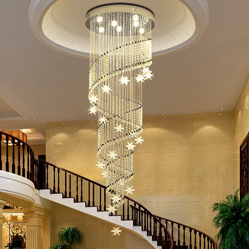 

Led Spiral Staircase Chandelier Crystal Villa Hall Living Room Stars Raindrop Design Loft Hang Lamp Home Decor Indoor Lighting