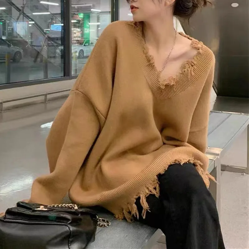 New V-neck Sweater Women's Lazy Autumn/Winter Pullover Knit Design Feeling Broken Hole Sweater
New V-neck Sweater Women's Lazy Autumn/Winter Pullover Knit Design Feeling Broken Hole Sweater