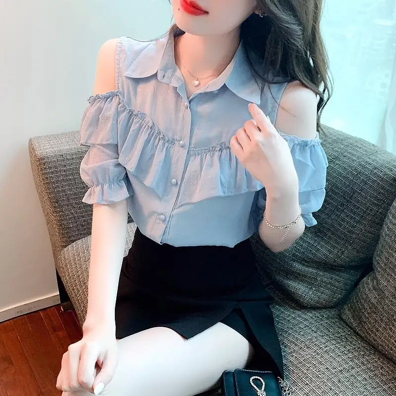 2023 New Summer Fashionable Style Polo Collar Off Shoulder Ear Edge Short Sleeve Commuter Casual Loose Western Solid Color Shirt
2023 New Summer Fashionable Style Polo Collar Off Shoulder Ear Edge Short Sleeve Commuter Casual Loose Western Solid Color Shirt
