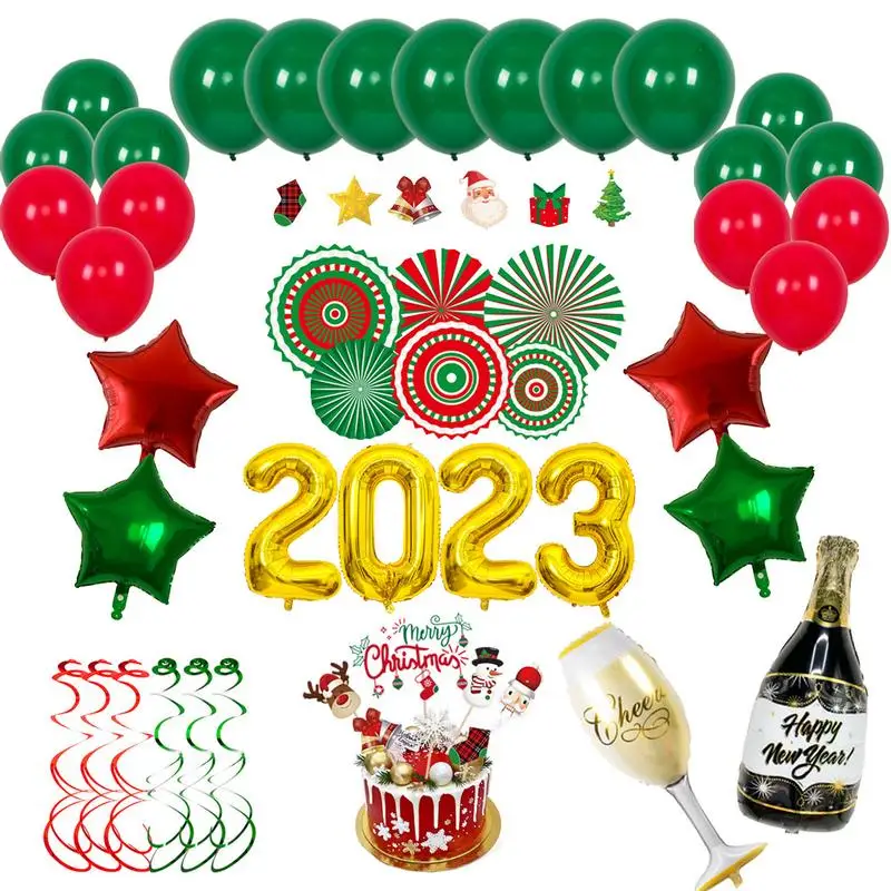 

Christmas Balloons Decoration Kit Christmas Balloons Kit With Wine Bottle Swirls Paper Flower Fan And Merry Christmas Cake