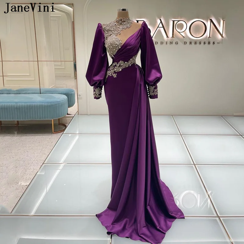 JaneVini Dubai Mermaid Evening Dresses Arabic Crystals Puff Sleeve High Neck Purple Prom Gowns Satin Women Formal Party Dress
JaneVini Dubai Mermaid Evening Dresses Arabic Crystals Puff Sleeve High Neck Purple Prom Gowns Satin Women Formal Party Dress