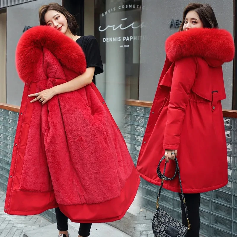 

Новинка 2023, зимняя куртка на хлопковом наполнителе с бархатной подкладкой, Корейская теплая Толстая стеганая куртка, женские длинные парки, свободная верхняя одежда с капюшоном