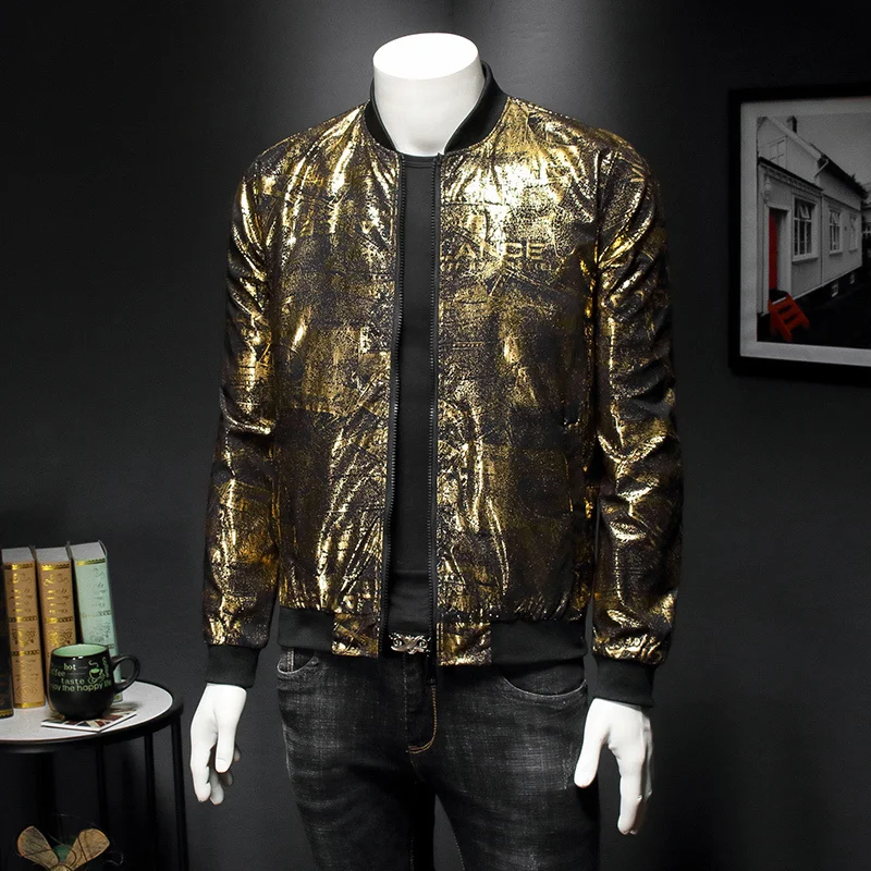 

Luxury Black Gold Print Party Jacket Outfit Club Bar Coat Men Casaca Hombre Spring New Jacquard Bomber Jackets Men Clothes