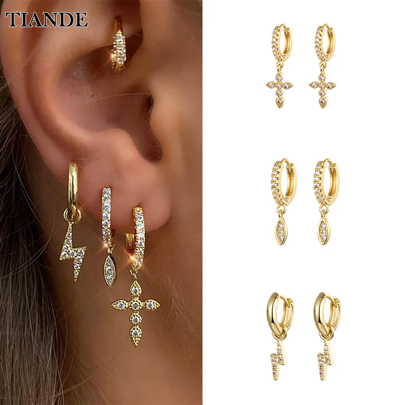 

TIANDE Silver Color Gold Plated Dangle Earrings for Women Piercing Cross Lightning Hoop Drop Earrings 2022 Jewelry Wholesale