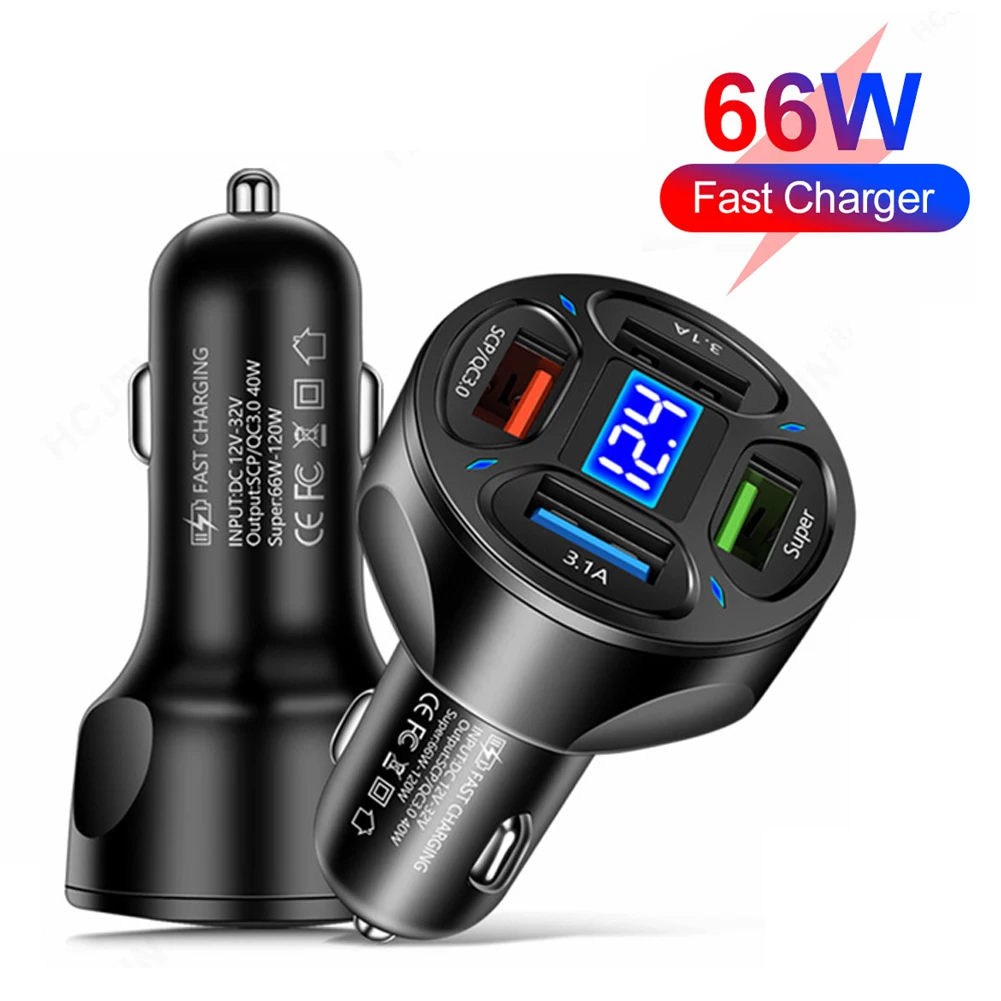 

120W Car Charger 12V/24V 4 USB Ports 66W Fast Charging Cigarette Lighter Adapter LED Voltmeter For Huawei Xiaomi IPhone Samsung