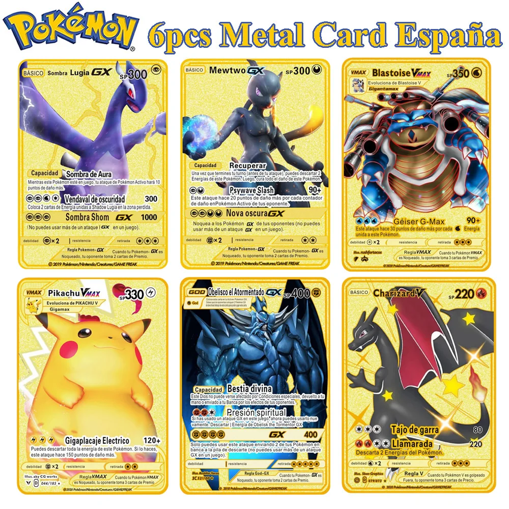 

6pcs Spanish Pokemon Letters Metal Cards España Pokémon GX SP Charizard V VMAX Pikachu Collection Gold Card Game Kids Gift Toy