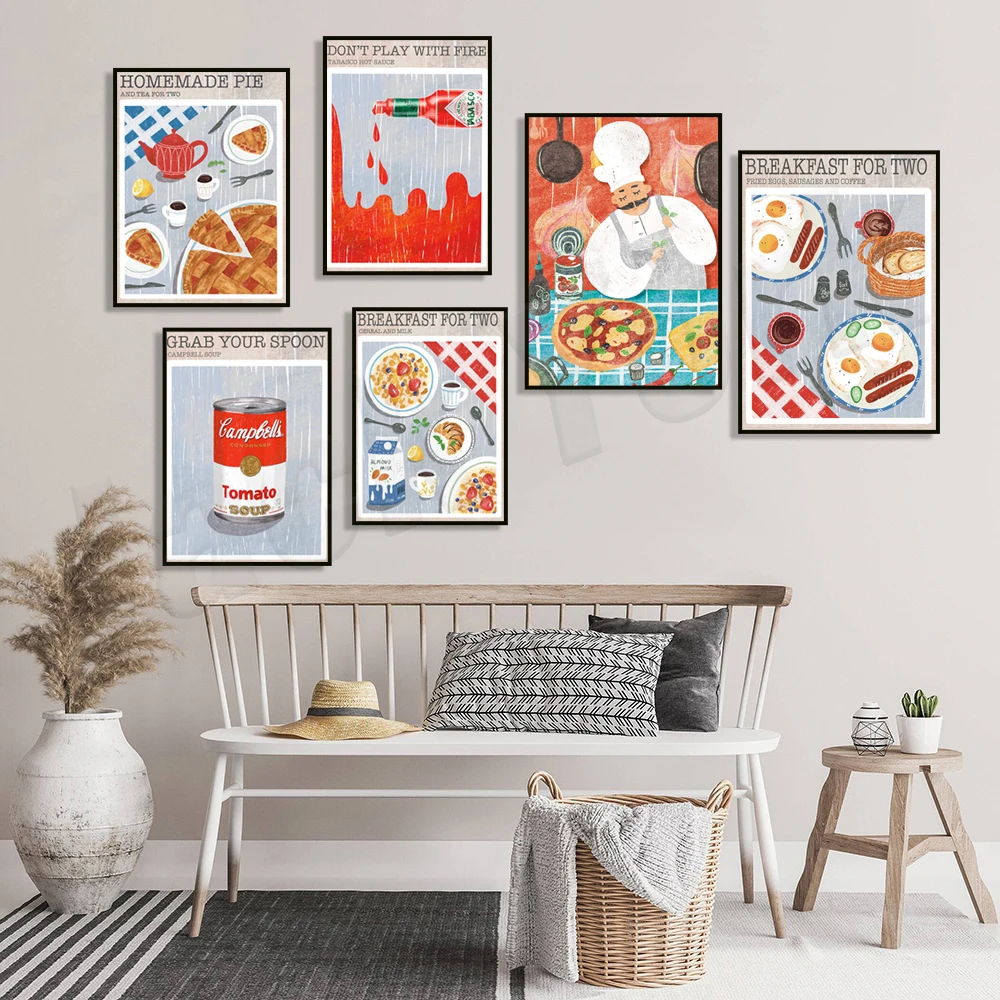 

Campbell's soup, pasta, vegetables, coffee, pizza, tomato sauce, eggs, hot sauce print, breakfast art, vintage food poster