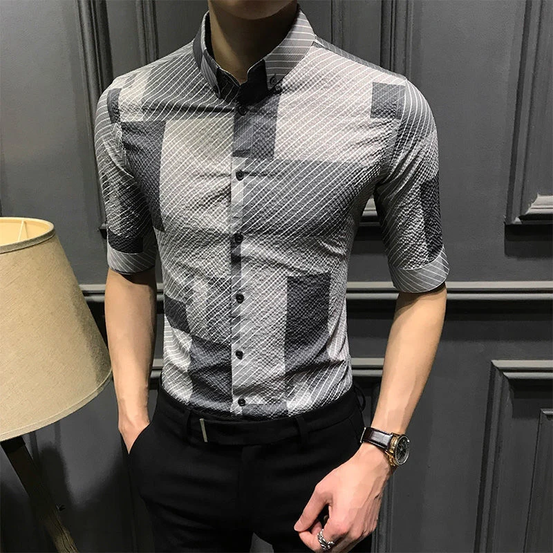 Half Sleeve Slim Shirt Handsome Color Block Middle Sleeve Shirt Inch Summer High-end Checkered Short Sleeve Shirt Men New Color
Half Sleeve Slim Shirt Handsome Color Block Middle Sleeve Shirt Inch Summer High-end Checkered Short Sleeve Shirt Men New Color