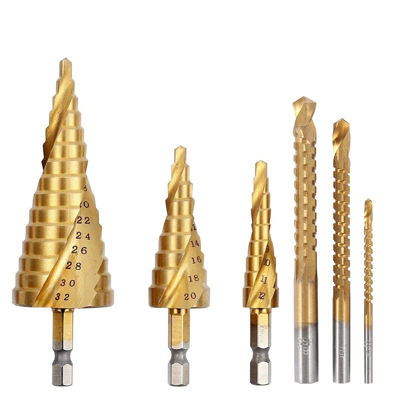 6Pcs Titanium Hex Step Drill Bit Set 4-12/20/32Mm Metal Hole Cutter Wood Cone Core Drilling Hole Saw Tool+Saw Drills
6Pcs Titanium Hex Step Drill Bit Set 4-12/20/32Mm Metal Hole Cutter Wood Cone Core Drilling Hole Saw Tool+Saw Drills