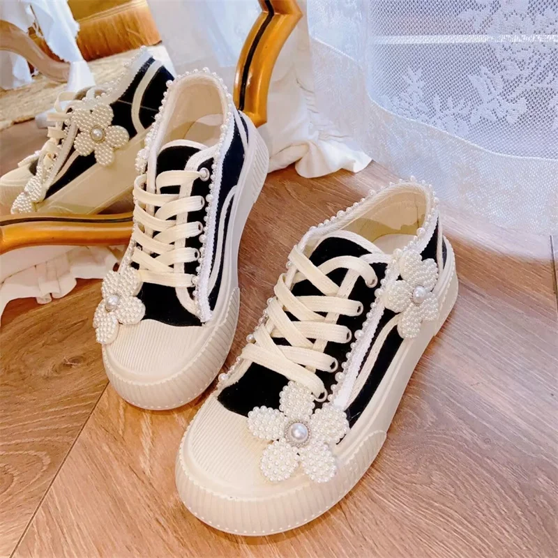 

Hand-made black board shoes white pearl inner heightening exercise walk plus size women 35-39