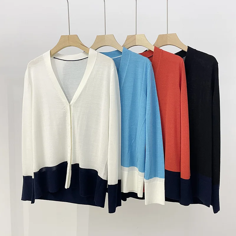 Women's Color Patchwork Sweater Cashmere and Silk Blends V-neck Thin Loose Female Single Breasted Simple Cardigan
Women's Color Patchwork Sweater Cashmere and Silk Blends V-neck Thin Loose Female Single Breasted Simple Cardigan