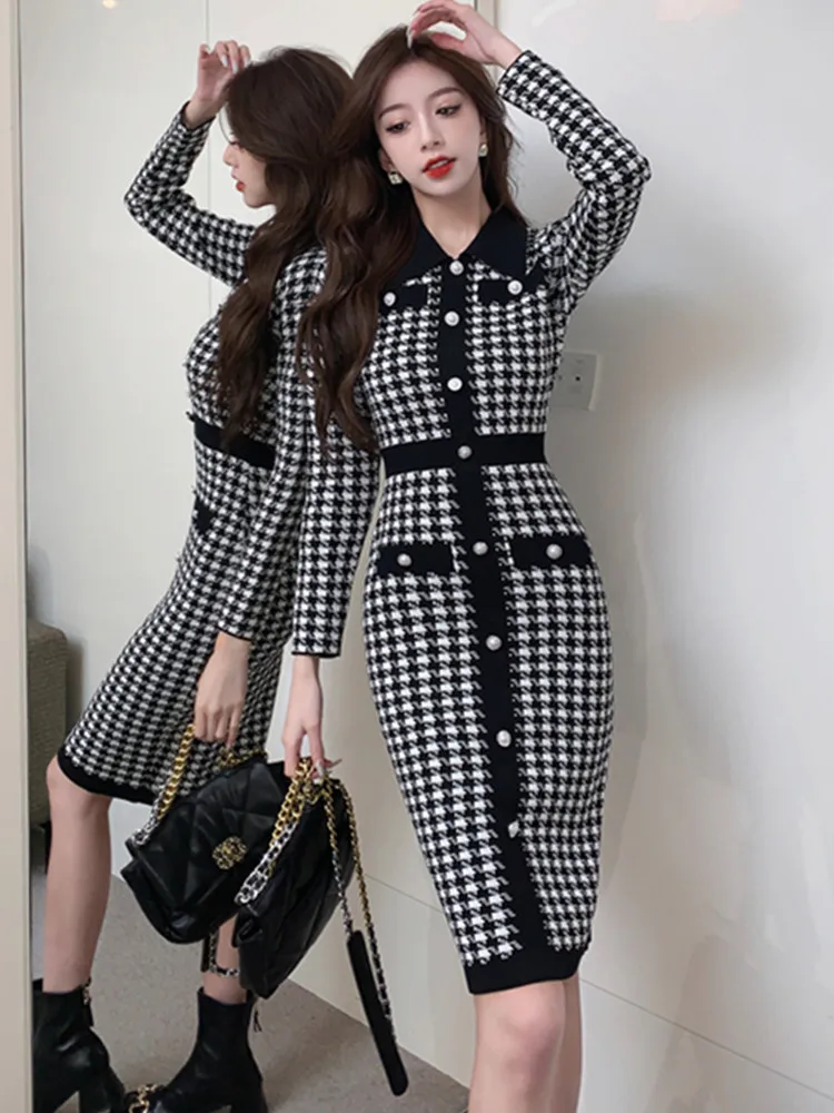 New Autumn Winter Vintage Long Sleeve Knitted Dress Women's Small Fragrant Houndstooth Elegant Temperament Dresses Vestidos
New Autumn Winter Vintage Long Sleeve Knitted Dress Women's Small Fragrant Houndstooth Elegant Temperament Dresses Vestidos