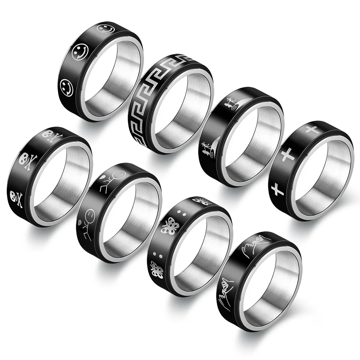 Fashion 8MM Men's black Anxiety Fidget Rings Stainless Steel butterfly cross Smiling face Rotating Ring Jewelry gift
Fashion 8MM Men's black Anxiety Fidget Rings Stainless Steel butterfly cross Smiling face Rotating Ring Jewelry gift