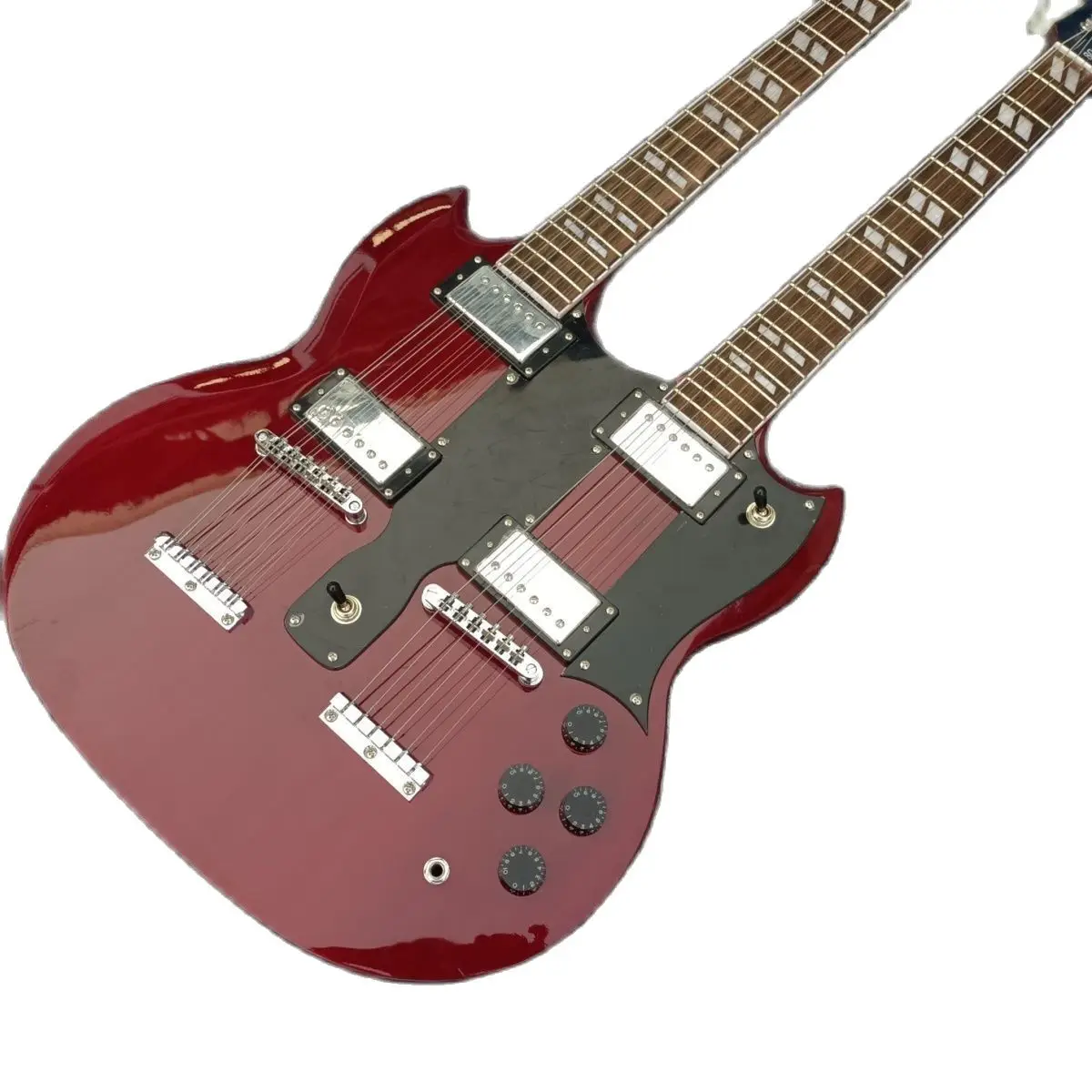 Double Head Electric Guitar, 6+12 Strings, Wine Red, Chrome Plated Accessories,
Double Head Electric Guitar, 6+12 Strings, Wine Red, Chrome Plated Accessories,