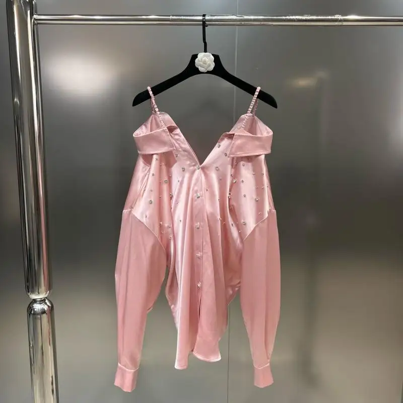 Diamond Beaded Straps Long Sleeves Sexy Luxury Two Wear Acetate Shirt Fall Top 2022 Brand Elegant Pink Single Breasted Blouses
Diamond Beaded Straps Long Sleeves Sexy Luxury Two Wear Acetate Shirt Fall Top 2022 Brand Elegant Pink Single Breasted Blouses