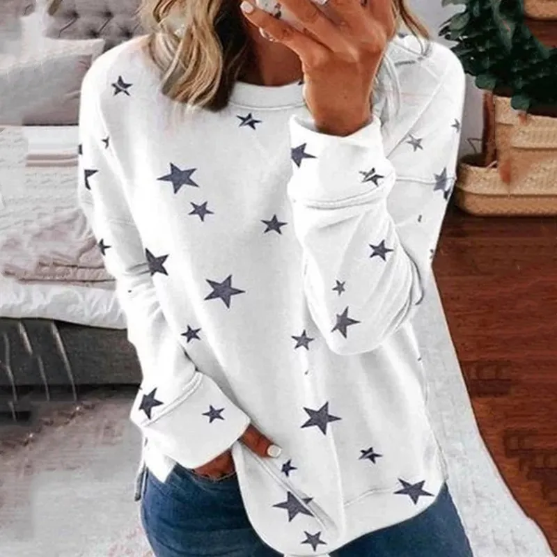 2022 Spring New Star Print Panel Large Women's Top Fashion Loose Polyester Cotton Pullover Round Neck Long Sleeve T-shirt
2022 Spring New Star Print Panel Large Women's Top Fashion Loose Polyester Cotton Pullover Round Neck Long Sleeve T-shirt