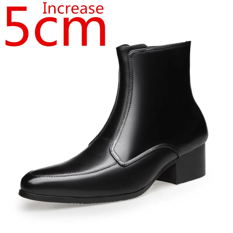 

Men Heightening Chelsea Boots Leather Mid Top Side Zipper Martin Boots Increased 5cm British Pointy Leisure Men's Leather Boots