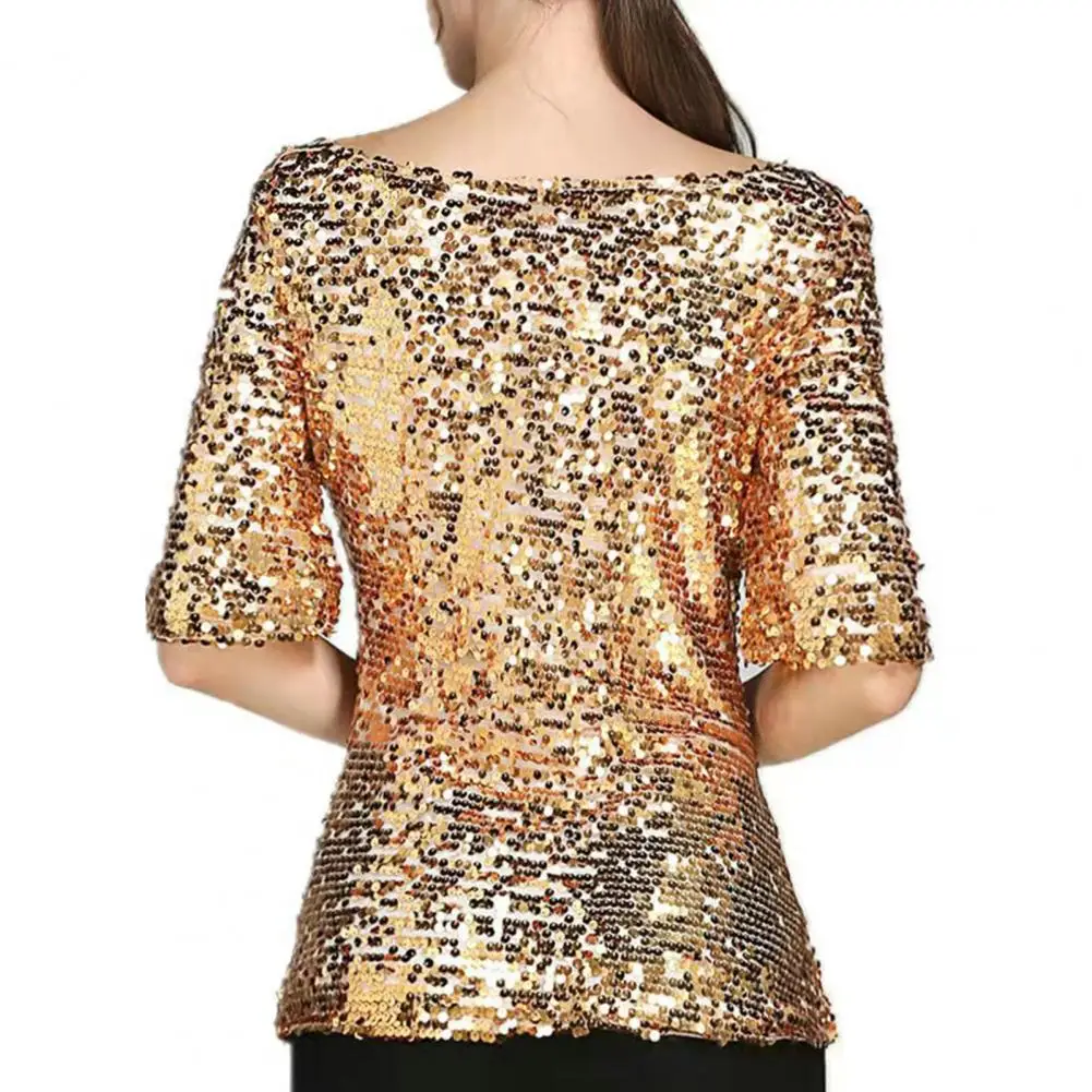 Polyester Women Top Glittering Sequin Tops for Women Stylish Mid-sleeve Loose Short-sleeve Blouses for Stage Performances
Polyester Women Top Glittering Sequin Tops for Women Stylish Mid-sleeve Loose Short-sleeve Blouses for Stage Performances