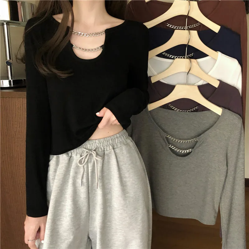2021 Women Fall Sexy Chain Slim Body Long Sleeved Black T-shirt Tops Female Fashion Korean Y2k Round Neck Solid Color Tshirt
2021 Women Fall Sexy Chain Slim Body Long Sleeved Black T-shirt Tops Female Fashion Korean Y2k Round Neck Solid Color Tshirt