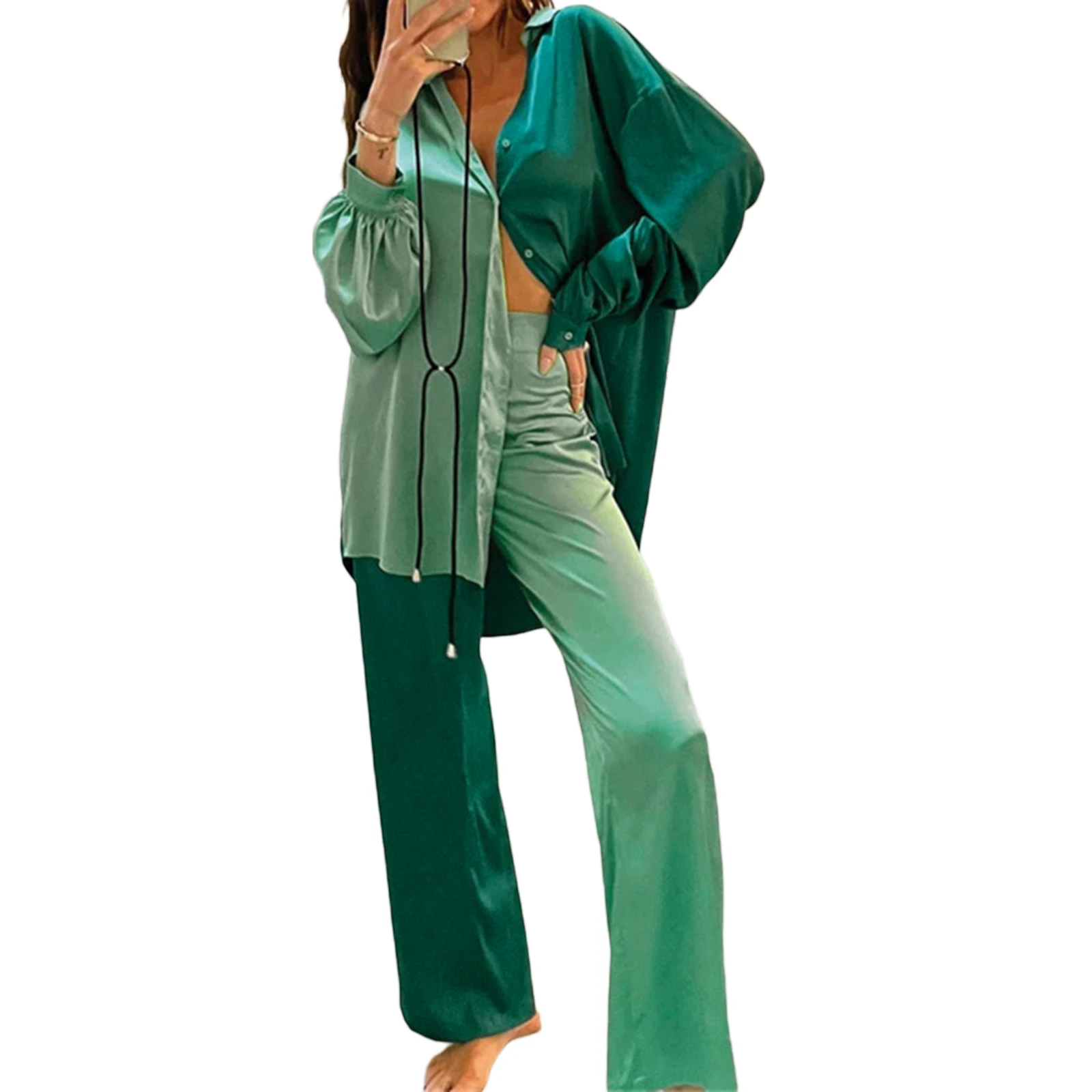 Women's Two Pieces Set Lapel Collar Long Sleeve Contrast Color Button Down Blouse High Waist Straight Leg Pants Spring Fall Set
Women's Two Pieces Set Lapel Collar Long Sleeve Contrast Color Button Down Blouse High Waist Straight Leg Pants Spring Fall Set