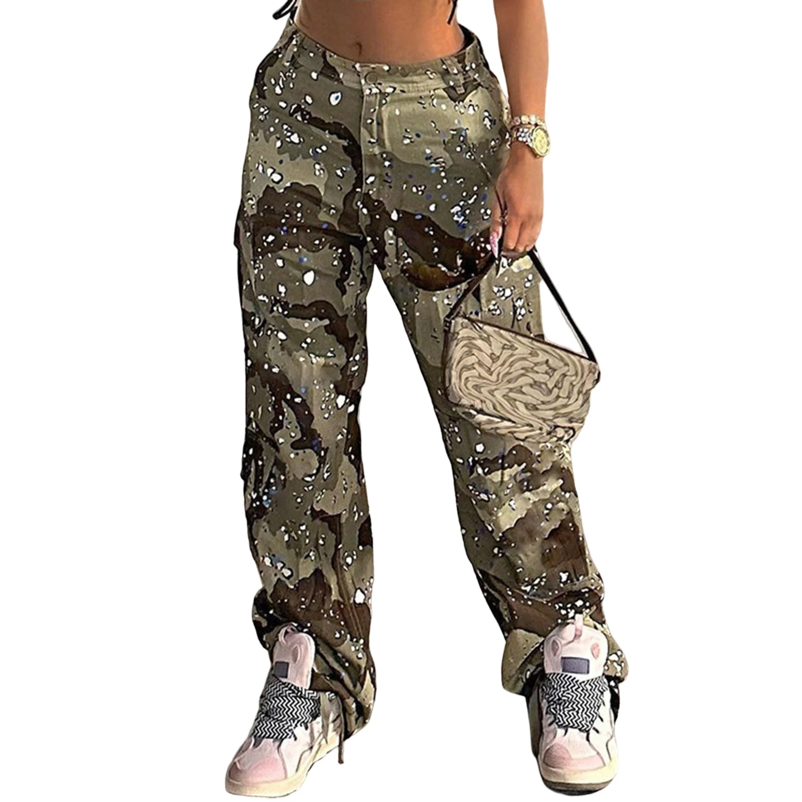 

Polka-Dot Printed Sports Camo Trousers Contrast Color Wide Leg Pants Casual Fashion European Style Drawstring for Outdoor Travel