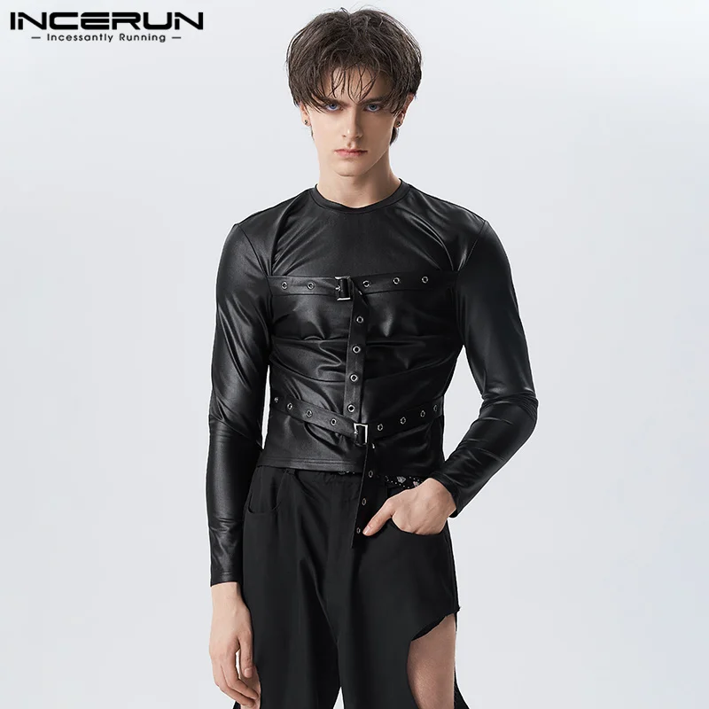 

Handsome Well Fitting Tops INCERUN Men's Faux Leather Design T-Shirts Casual Party Shows Mesh Buckle Long Sleeved Camiseta S-5XL