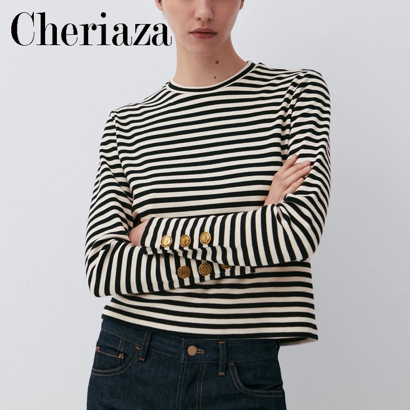 Cheriaza Spring Autumn Woman Casual Stripes Long Sleeves Knitted T-shirt Crew Neck Slim Fit Pullover Top Simple O-neck T-shirts
Cheriaza Spring Autumn Woman Casual Stripes Long Sleeves Knitted T-shirt Crew Neck Slim Fit Pullover Top Simple O-neck T-shirts
