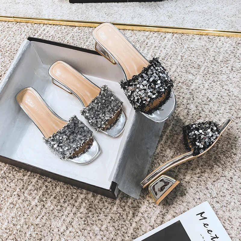 Bling Bling Chunky Heel Sandals Women Sequined Cloth Slippers Metal Med-high Heels Glitter Sandalias Mujer Big Size Shiny Mules
Bling Bling Chunky Heel Sandals Women Sequined Cloth Slippers Metal Med-high Heels Glitter Sandalias Mujer Big Size Shiny Mules
