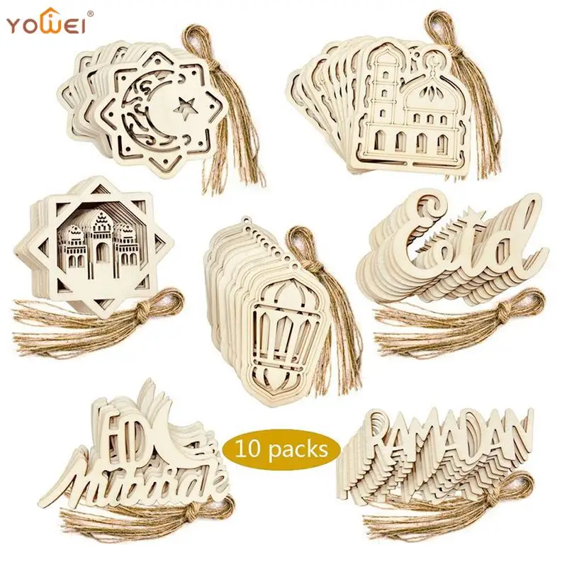 

10Pcs Eid Al-Fitr Wooden Hang Tags Pendant Eid Mubarak Decoration Home Hanging Decor for Ramadan Kareem Islamic Festival Party