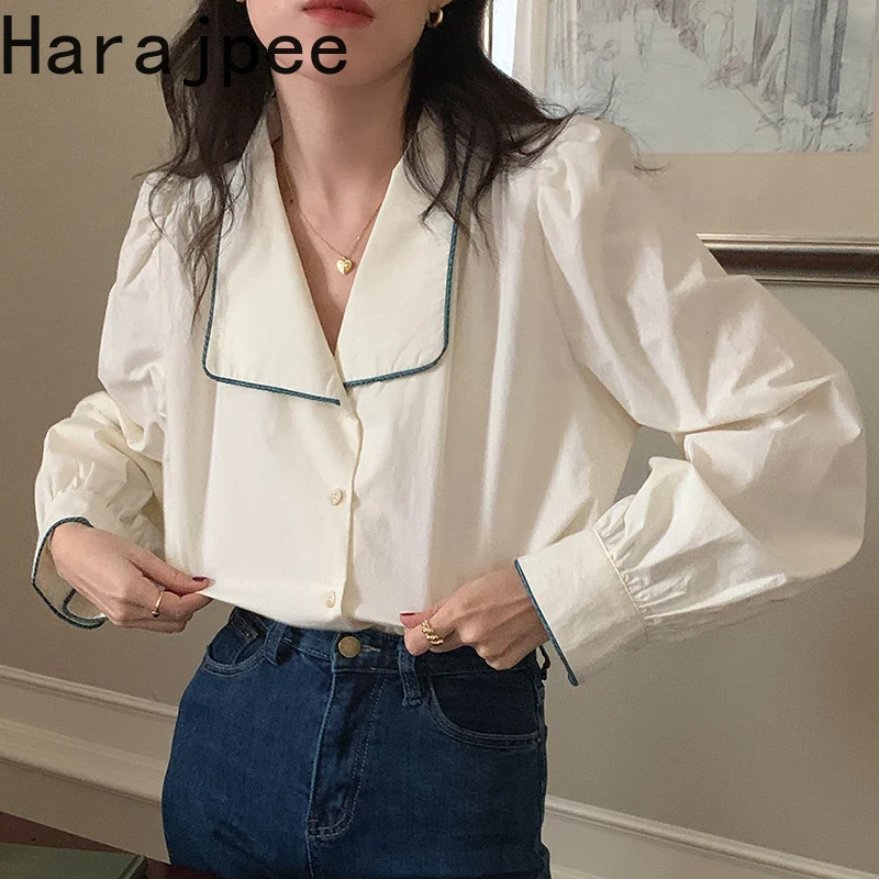 Harajpee Turn Down Collar Blouse Puff Sleeve Loose Contrast Color Casual Solid Shirt Korean Chic Simple Female Basic Tops 2022
Harajpee Turn Down Collar Blouse Puff Sleeve Loose Contrast Color Casual Solid Shirt Korean Chic Simple Female Basic Tops 2022