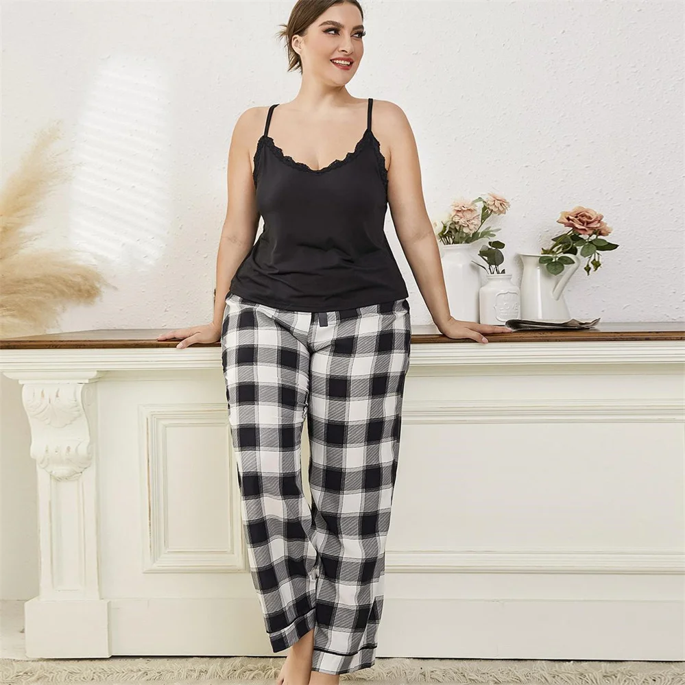 Women's Pajamas Plaid Lace Trim Sling Trousers Ladies Homewear Set European and American Plus Size Pajamas Two Piece Set
Women's Pajamas Plaid Lace Trim Sling Trousers Ladies Homewear Set European and American Plus Size Pajamas Two Piece Set