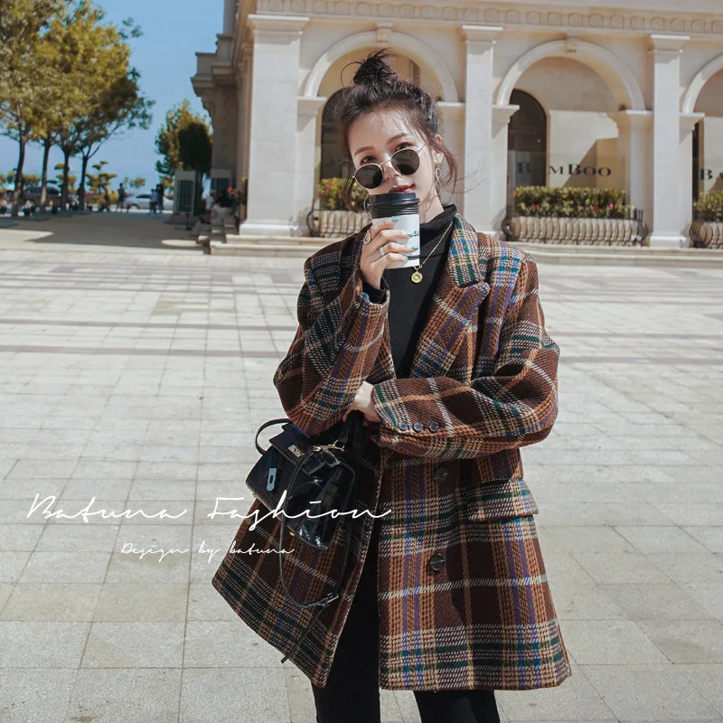 

Женское шерстяное пальто в клетку, свободное и универсальное маленькое пальто средней длины в Корейском стиле для осени и зимы, 2020