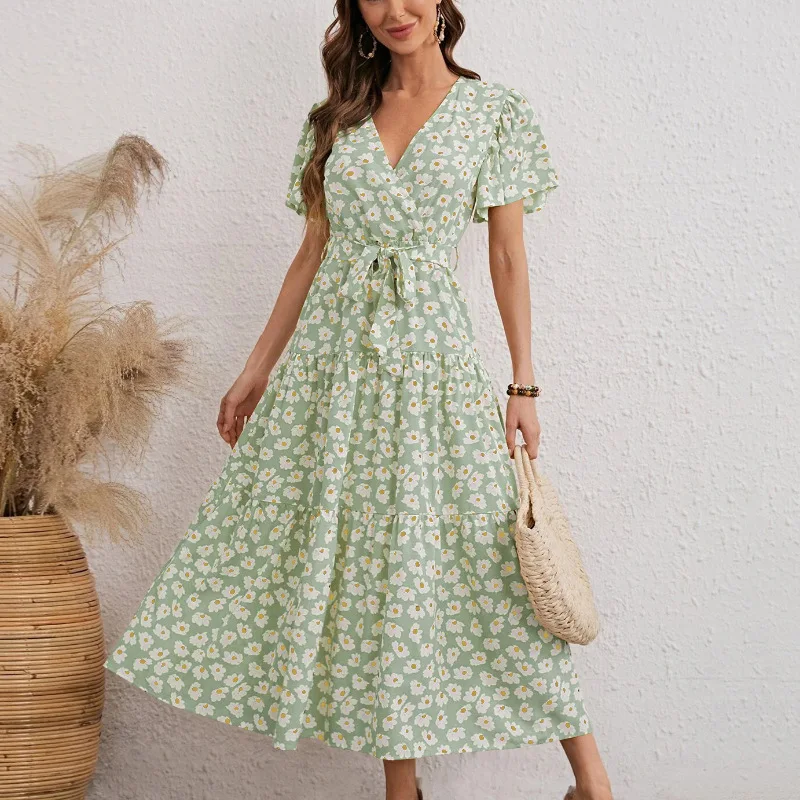 Summer Small Fresh Floral V Neck Short Sleeved Chiffon Dress For Women's Daisy Bandage Large Long Dress
Summer Small Fresh Floral V Neck Short Sleeved Chiffon Dress For Women's Daisy Bandage Large Long Dress