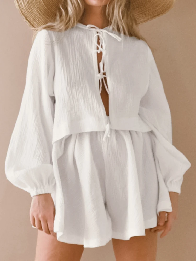 Linad Lantern Sleeve Women's Home Clothes White Lace Up 2 Piece Sets Loose Sleepwear Female Casual Suits With Shorts Cotton 2022
Linad Lantern Sleeve Women's Home Clothes White Lace Up 2 Piece Sets Loose Sleepwear Female Casual Suits With Shorts Cotton 2022