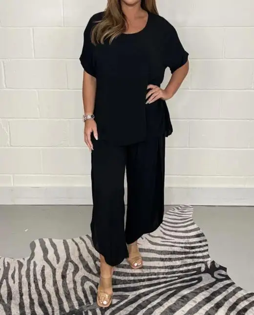 Women Fashion Two-Piece Temperamen Commuting Style Round Neck 5/4 Sleeves Top & Pants Casual Loose Set Street Trendsetter Style
Women Fashion Two-Piece Temperamen Commuting Style Round Neck 5/4 Sleeves Top & Pants Casual Loose Set Street Trendsetter Style