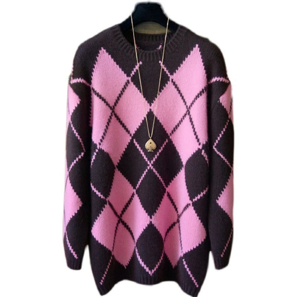 Retro Fashion Pink Coffee Color Contrast Thick Loos Plaid Sweater Pullover Sweaters Knitswoolen Cashmere Sweater
Retro Fashion Pink Coffee Color Contrast Thick Loos Plaid Sweater Pullover Sweaters Knitswoolen Cashmere Sweater
