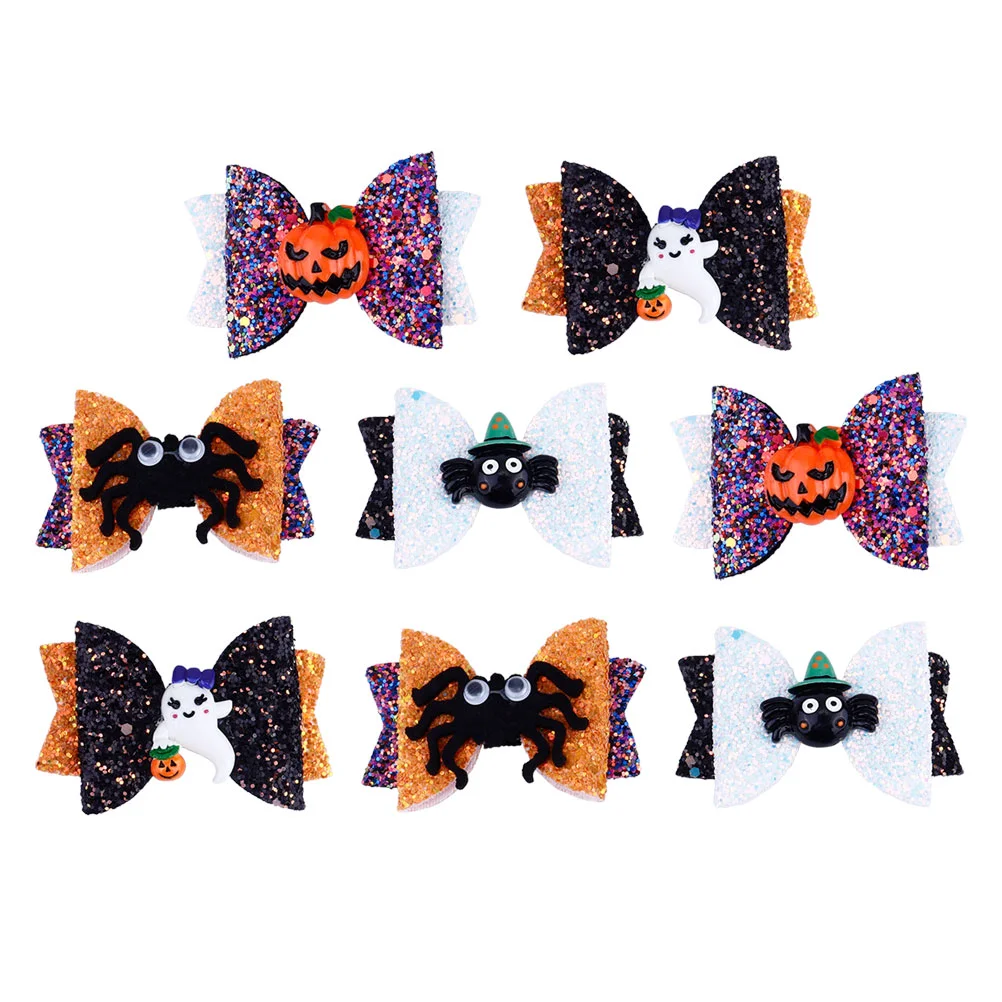 

8 Pcs The Gift Halloween Hair Clips Headdress Side Ghost Hairpins Square Spider Pumpkin Fabric Metal Bowknot Headwear Miss