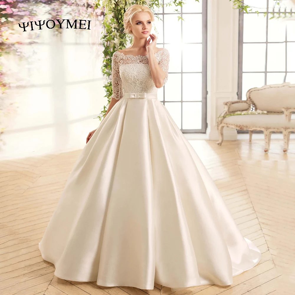 Modest Lace Satin Wedding Dress Scoop Neck Half Sleeves Ball Gown Sweep Train Bridal Dresses Vestido Noiva
Modest Lace Satin Wedding Dress Scoop Neck Half Sleeves Ball Gown Sweep Train Bridal Dresses Vestido Noiva