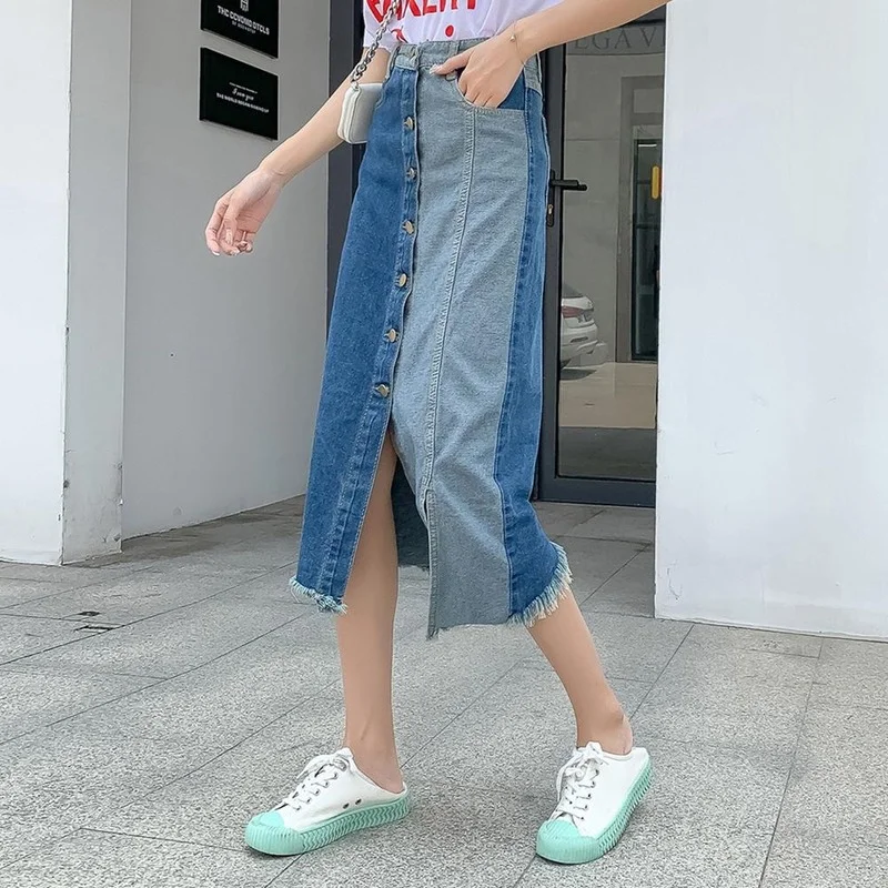 Spring Summer Women Front Button Side Split Denim Midi Skirts High Waist Irregular Patchwork Long Blue Tassel Casual Jean Skirts
Spring Summer Women Front Button Side Split Denim Midi Skirts High Waist Irregular Patchwork Long Blue Tassel Casual Jean Skirts