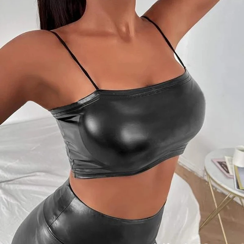 

Women Fashion Clubwear Top Black Patent Leather Sleeveless Tank Back Mature Cropped Vest Pole Dance Costume Sexy